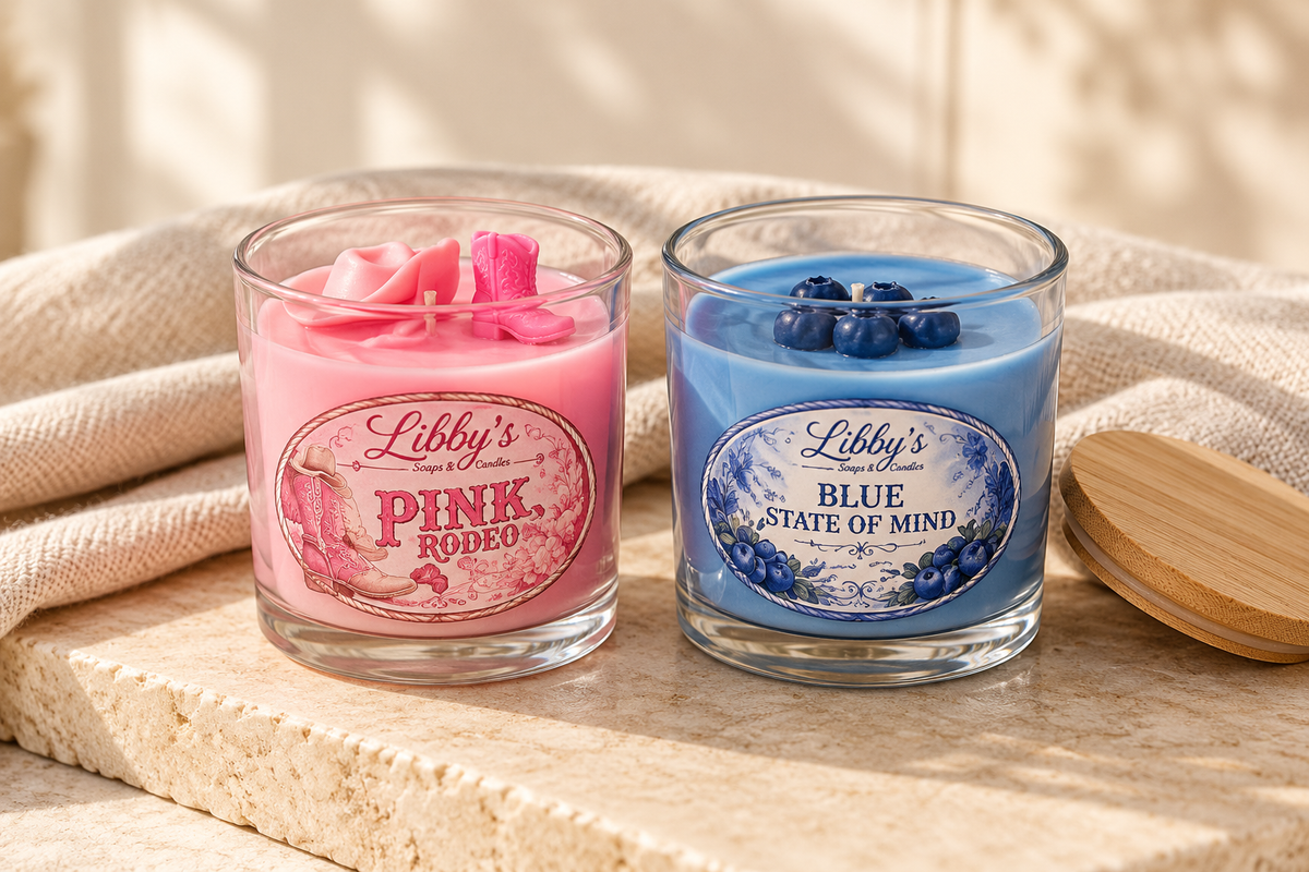 Pink Rodeo and Blue State of Mind candles by Libby's Soaps & Candles