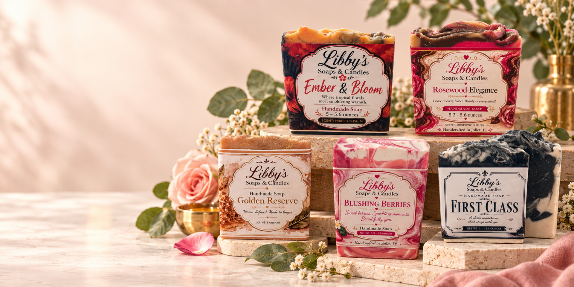 A collection of Libby's handcrafted soaps