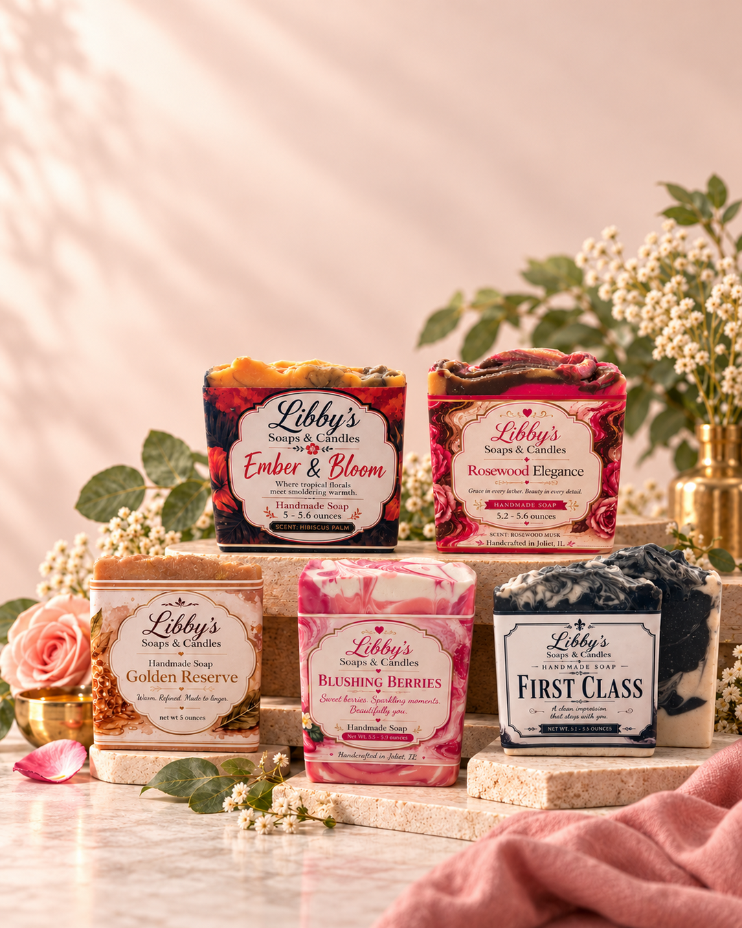 A collection of Libby's handcrafted soaps