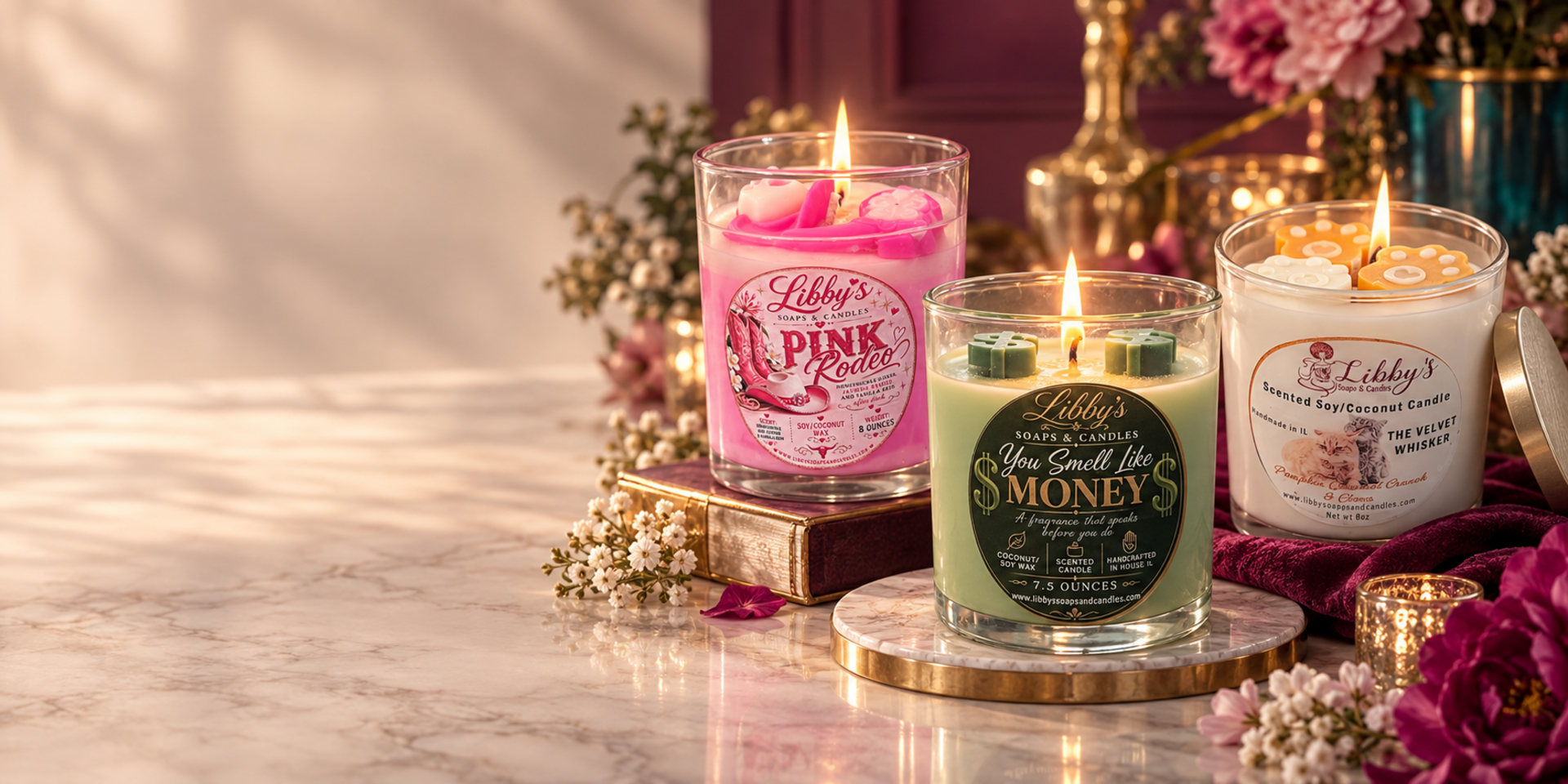 Pink Rodeo, You Smell Like Money, and Velvet Whisker candles